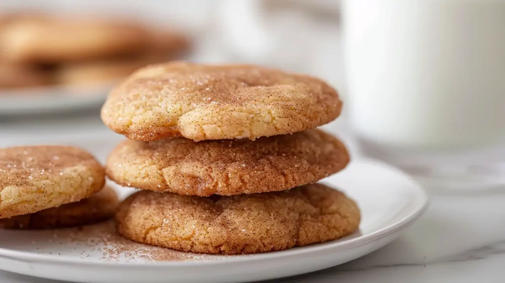 Perfectly Soft and Chewy Snickerdoodle Cookies on a white plate sprinkled with cinnamon sugar.