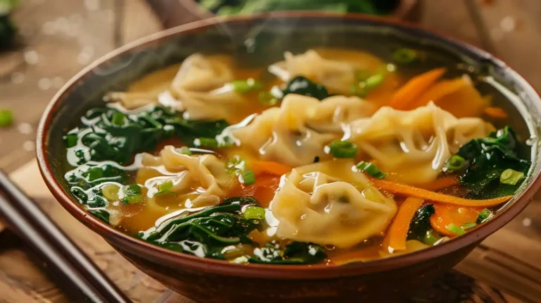 Steaming bowl of potsticker soup with vegetables and dumplings