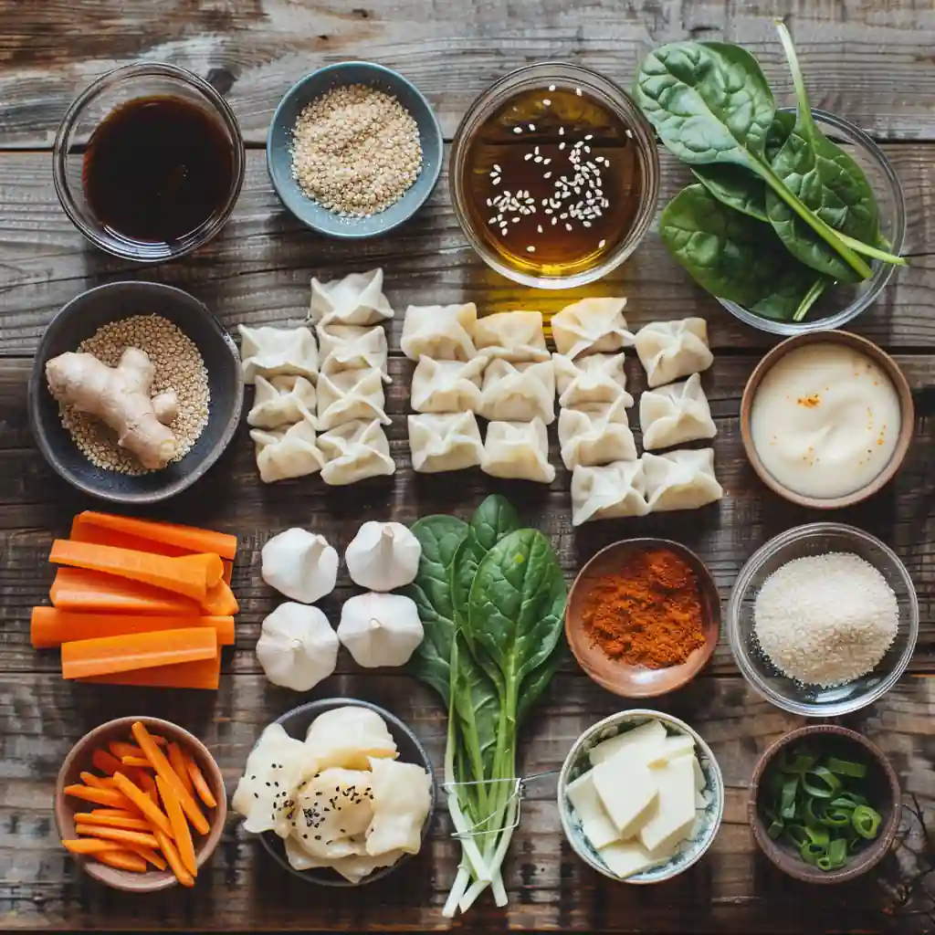 Fresh potsticker soup ingredients including dumplings, ginger, and soy sauce