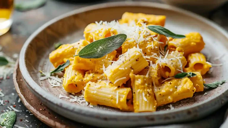 Plate of pumpkin sage rigatoni with Parmesan and sage