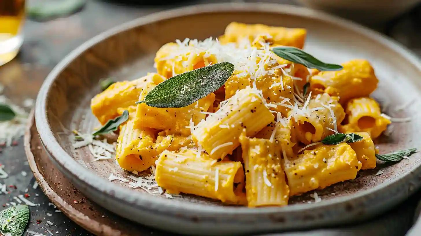 Plate of pumpkin sage rigatoni with Parmesan and sage