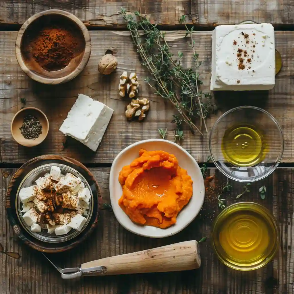 Top-down view of ingredients including pumpkin pur&eacute;e, feta cheese, herbs, olive oil, and spices on a wooden surface.