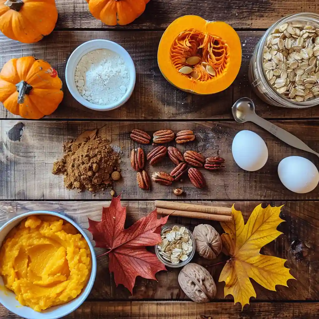 Pumpkin Pie Crisp ingredients including oats, pumpkin, eggs, and spices