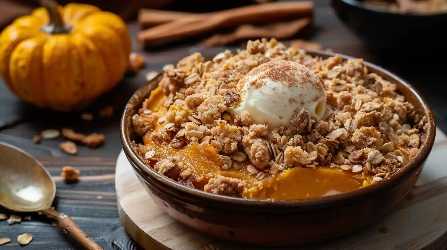 Pumpkin Pie Crisp topped with oat crumble and vanilla ice cream