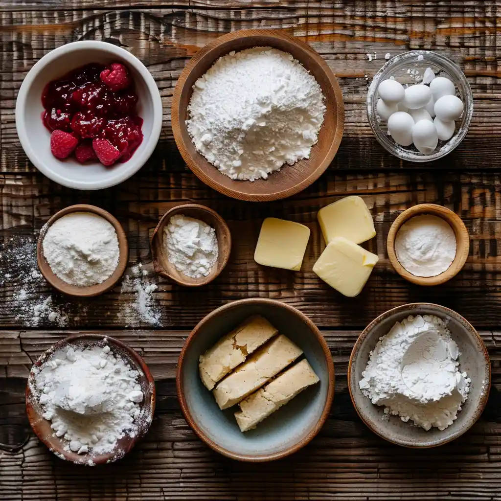 Raspberry-filled almond snowball cookies dusted with powdered sugar