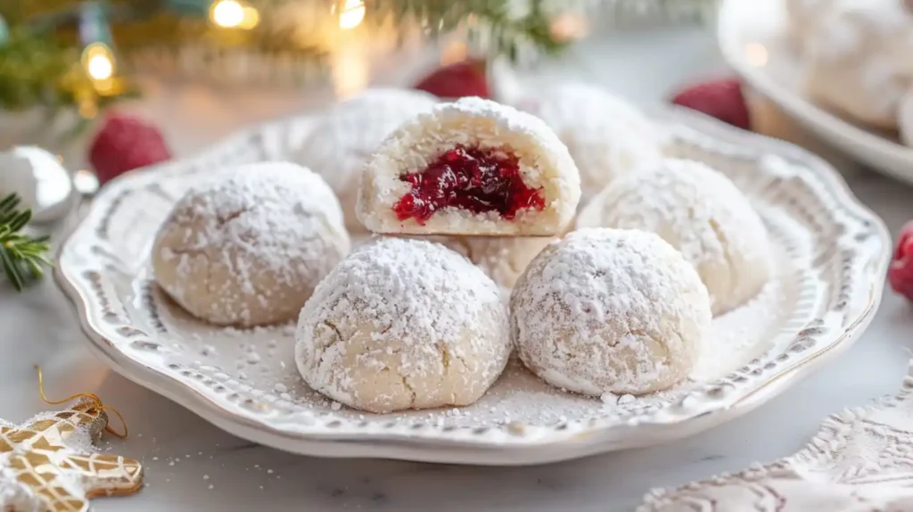 Raspberry-Filled Almond Snowball Cookies Recipe with fork detailing and sweet raspberry centers.