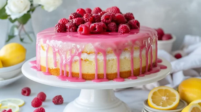 Raspberry lemon cake with pink glaze and fresh raspberries on top