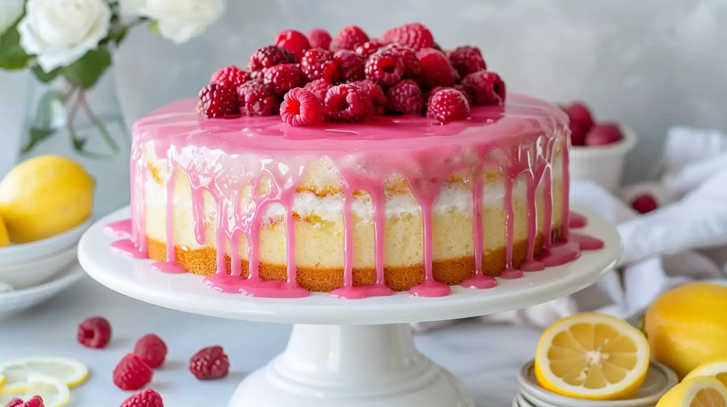Raspberry lemon cake with pink glaze and fresh raspberries on top