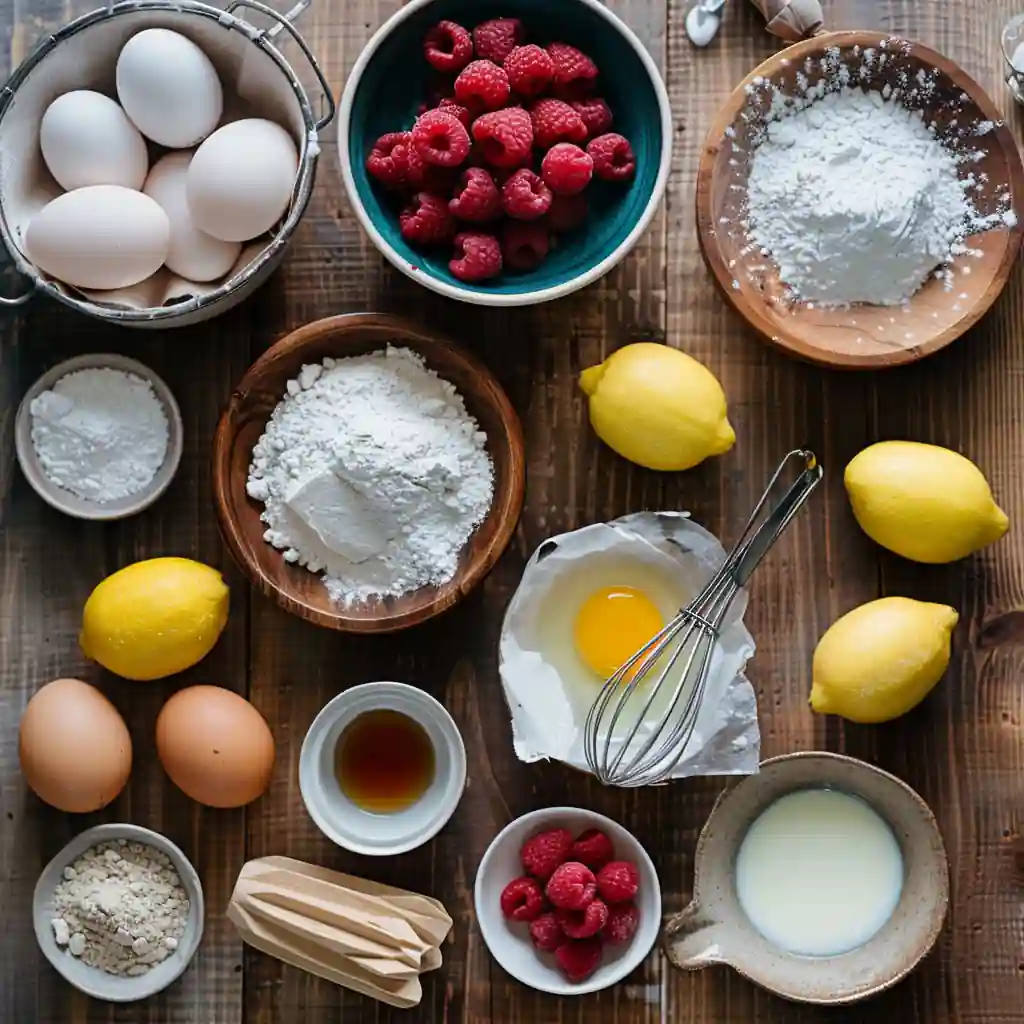 Ingredients for raspberry lemon cake including raspberries, lemons, eggs, and flour