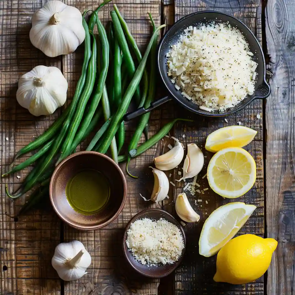 Ingredients for roasted garlic parmesan green beans on wooden table