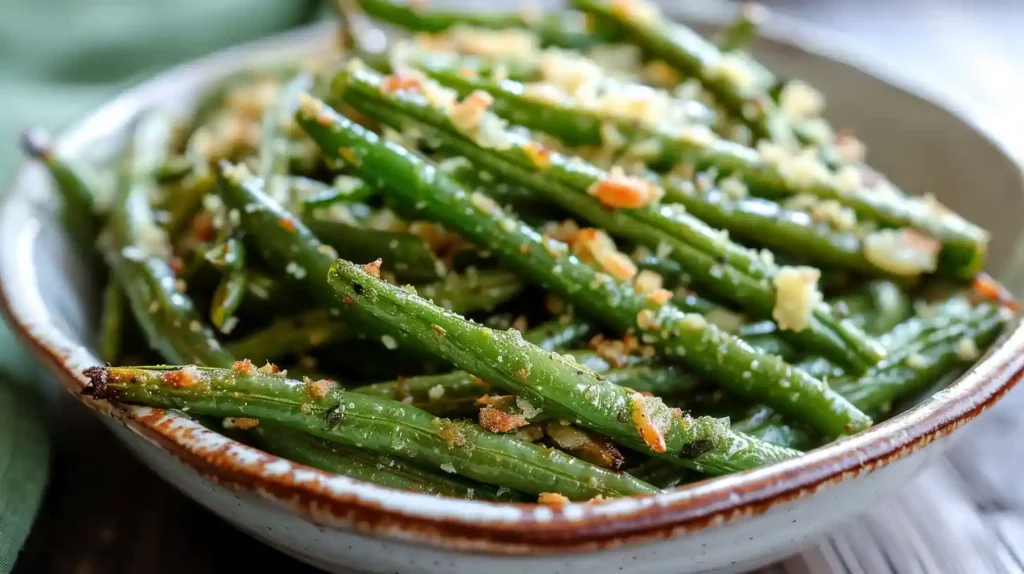 Close-up of roasted garlic parmesan green beans in a bowl