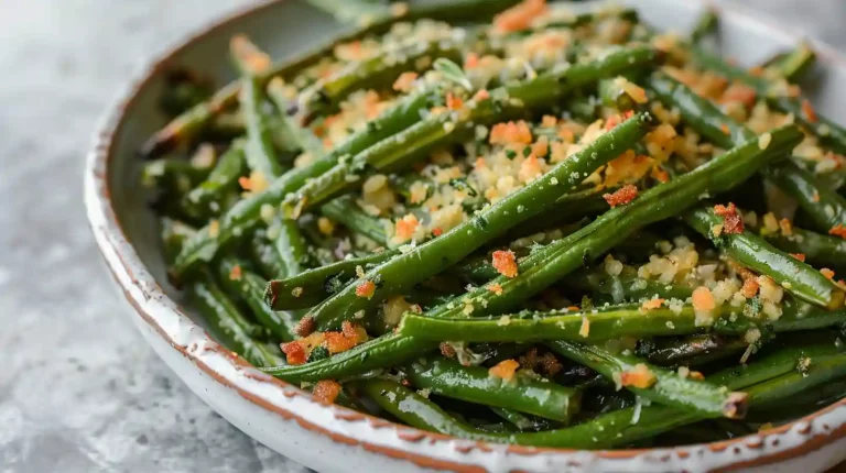 Close-up of roasted garlic parmesan green beans in a bowl