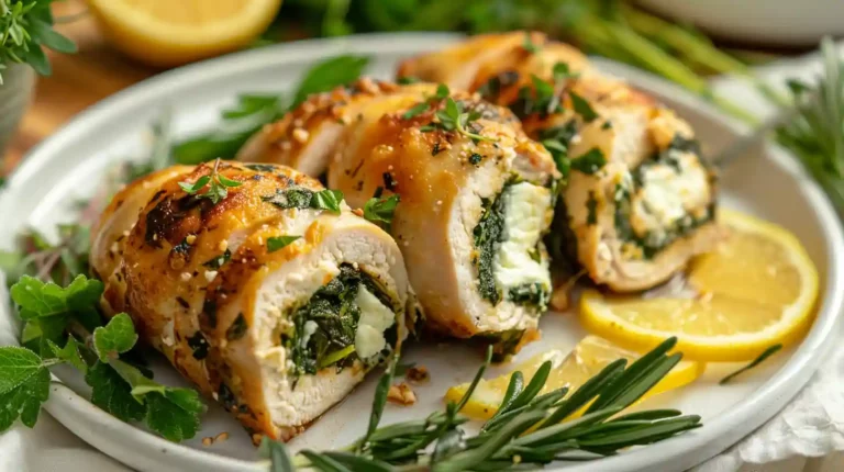 Rolled chicken with feta and spinach served with lemon