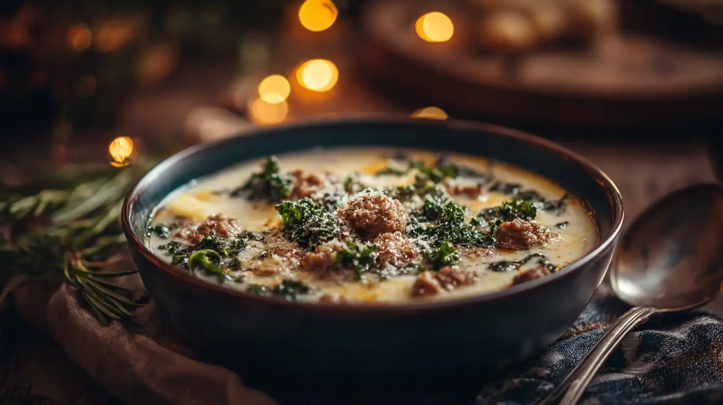 Close-up of creamy sausage potato soup with kale and sausage crumbles