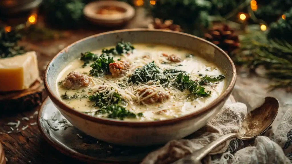A bowl of creamy sausage potato soup topped with kale and cheese