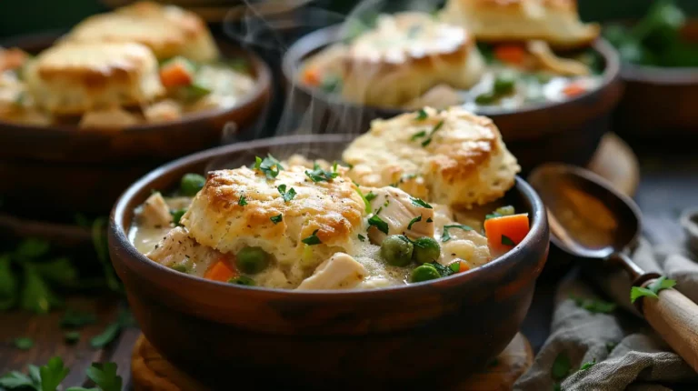 Hearty slow cooker chicken pot pie in a wooden bowl