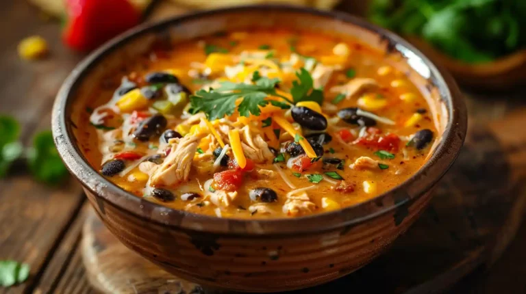 Slow cooker chicken chili with beans, corn, and shredded chicken.