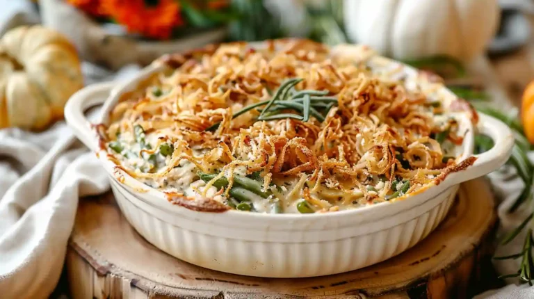 Southern Green Bean Casserole topped with crispy fried onions