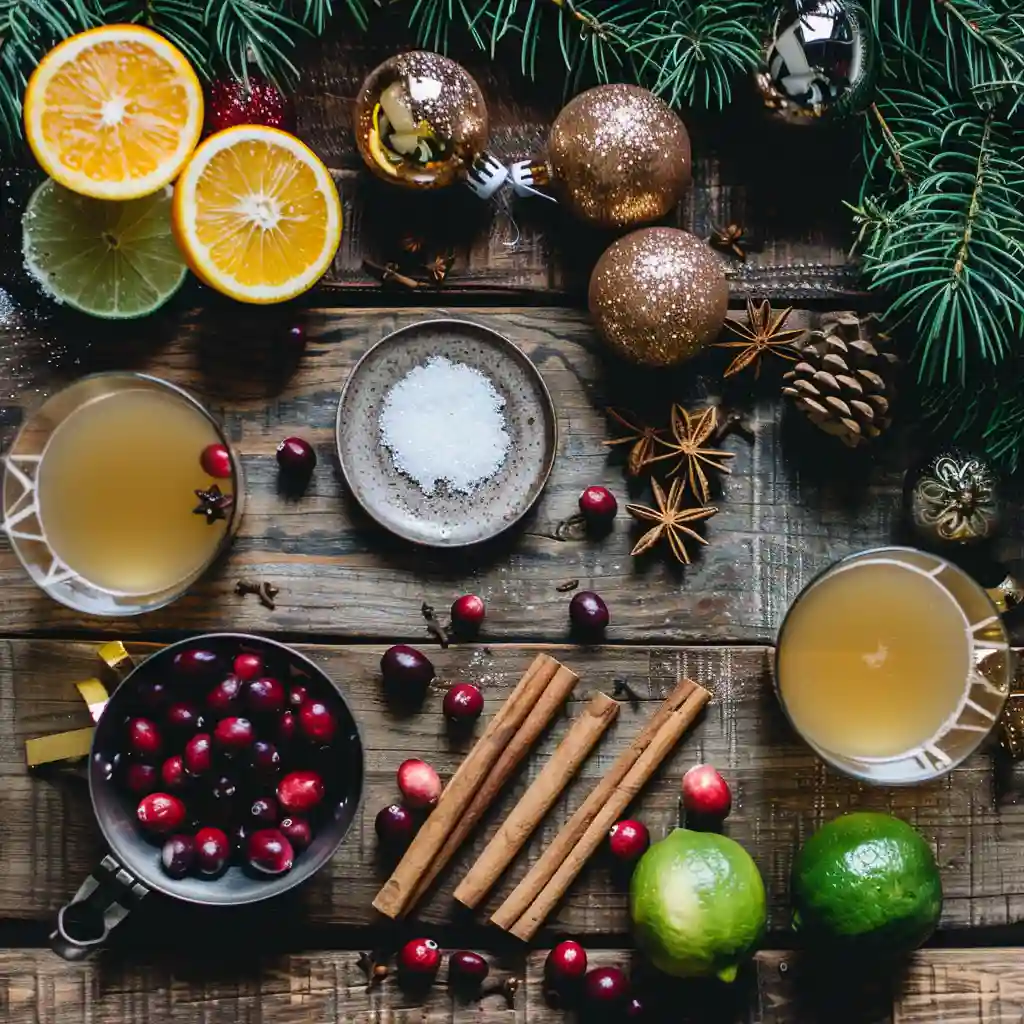 Spiced Christmas Margarita ingredients arranged on a festive wooden table