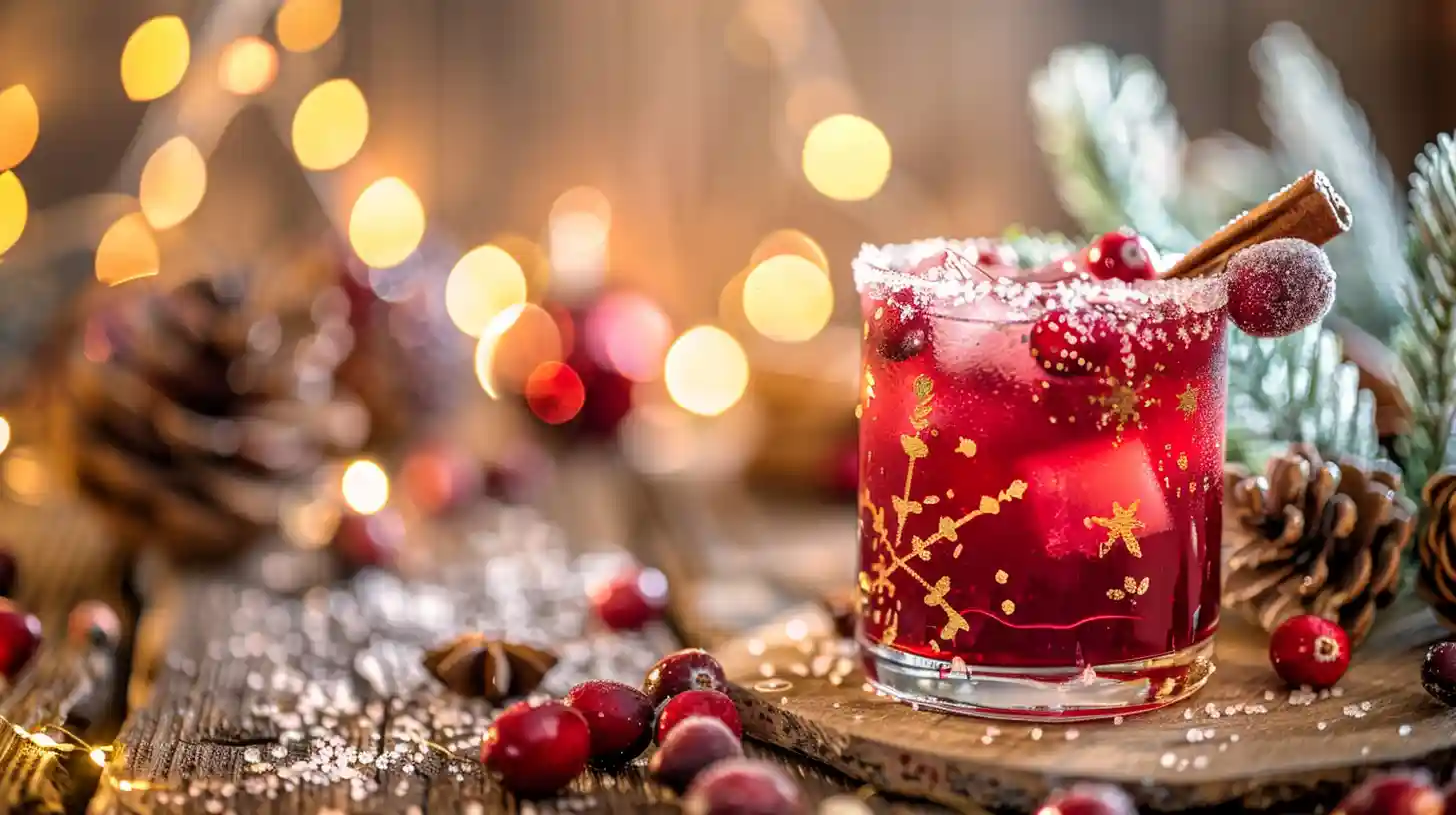 Spiced Christmas Margarita cocktail with cranberries and cinnamon in a festive glass