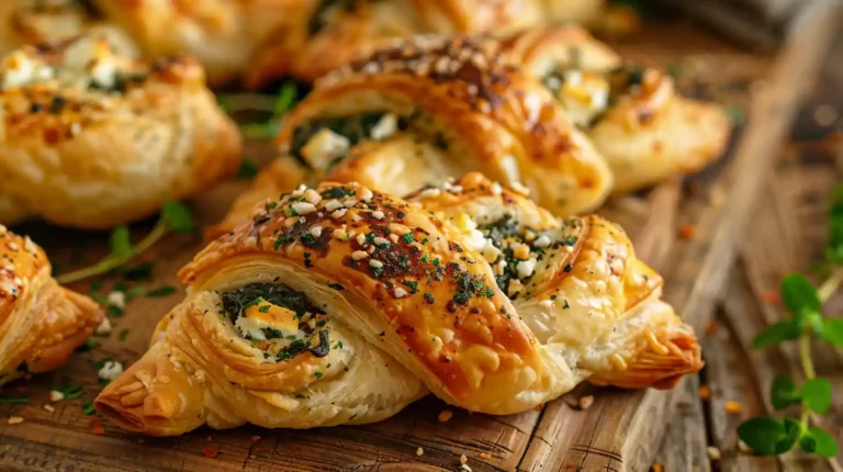 Golden baked Spinach and Feta Puff Pastry Twists on a wooden board.