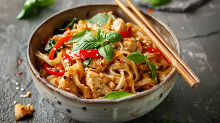 Bowl of Street Style Thai Drunken Noodles with chicken, chili, and basil garnished with fresh herbs.