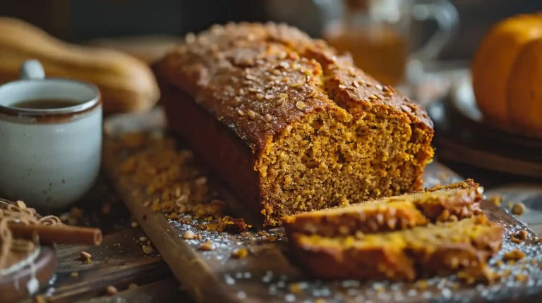 Super moist pumpkin bread with a golden fluffy texture on a rustic wooden board