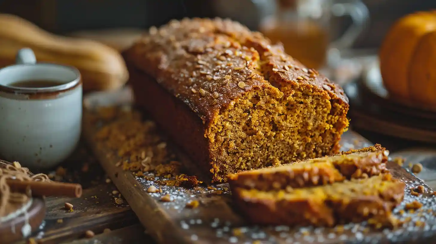 Super moist pumpkin bread with a golden fluffy texture on a rustic wooden board