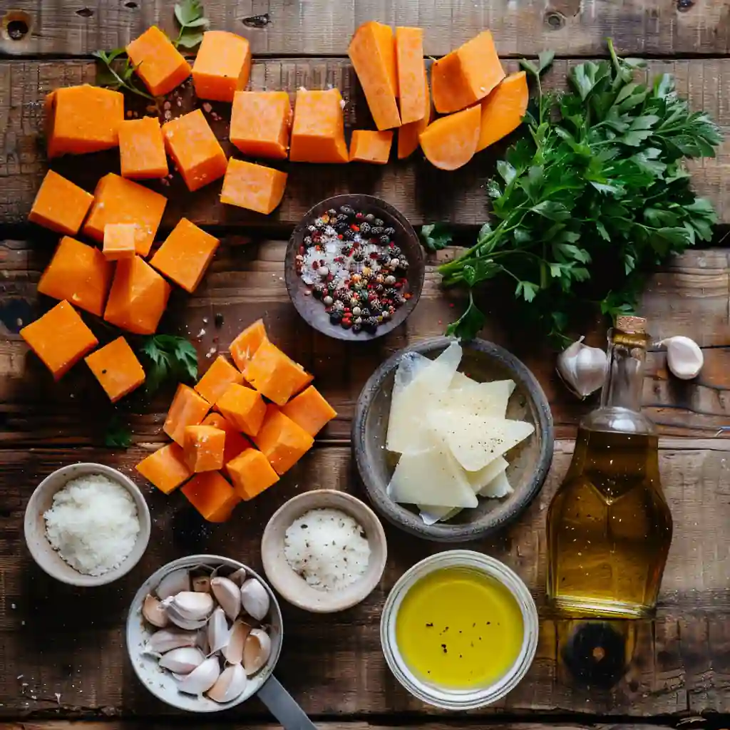 Ingredients for garlic parmesan sweet potato wedges with herbs and olive oil