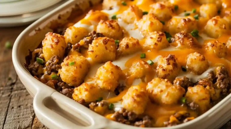 Top view of baked Tater Tot Casserole in a rustic dish