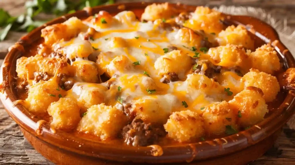 Close-up of freshly baked Tater Tot Casserole with melted cheese