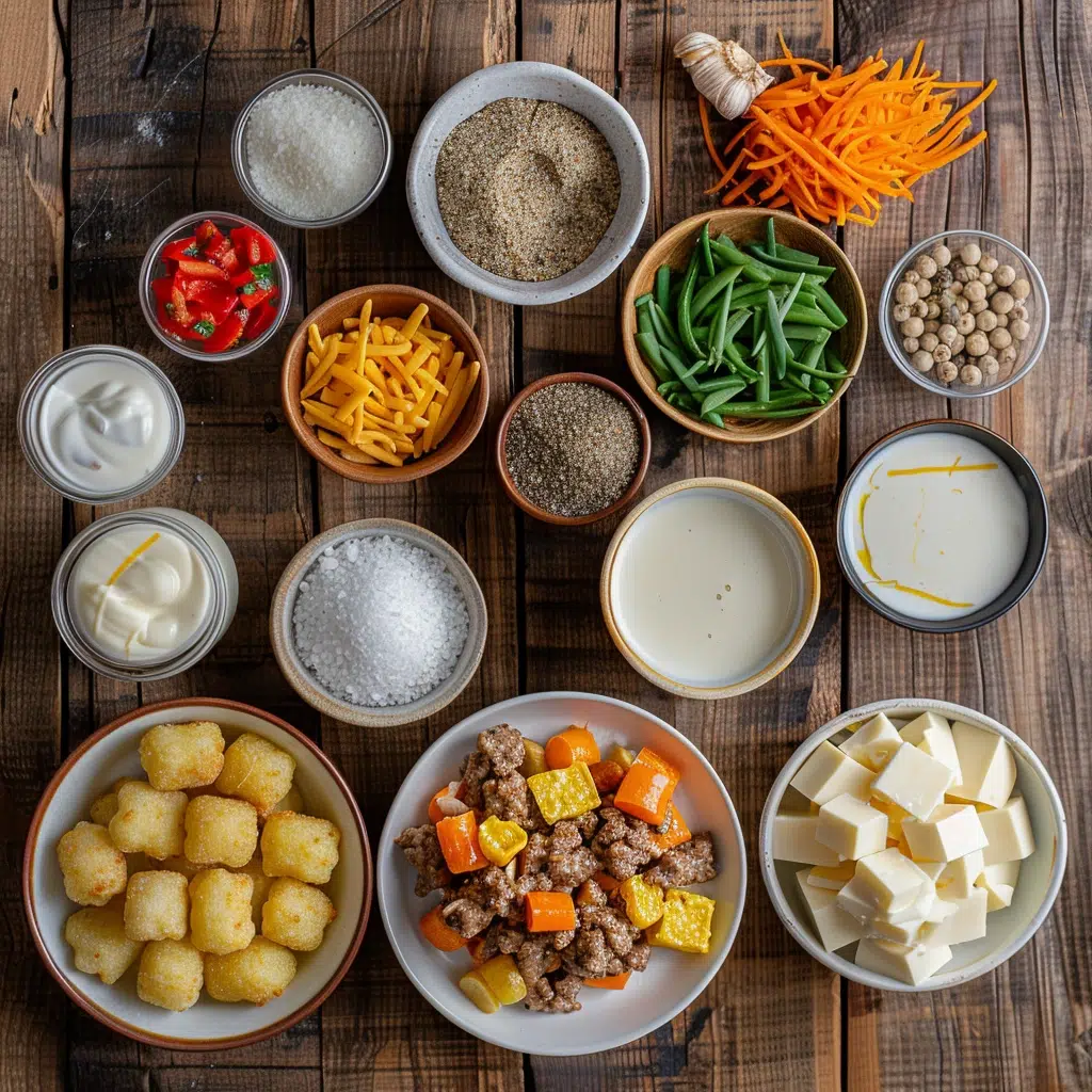 Ingredients for Tater Tot Casserole arranged on a wooden table