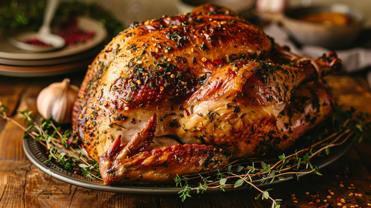 Garlic Herb Butter Roast Turkey with golden crispy skin