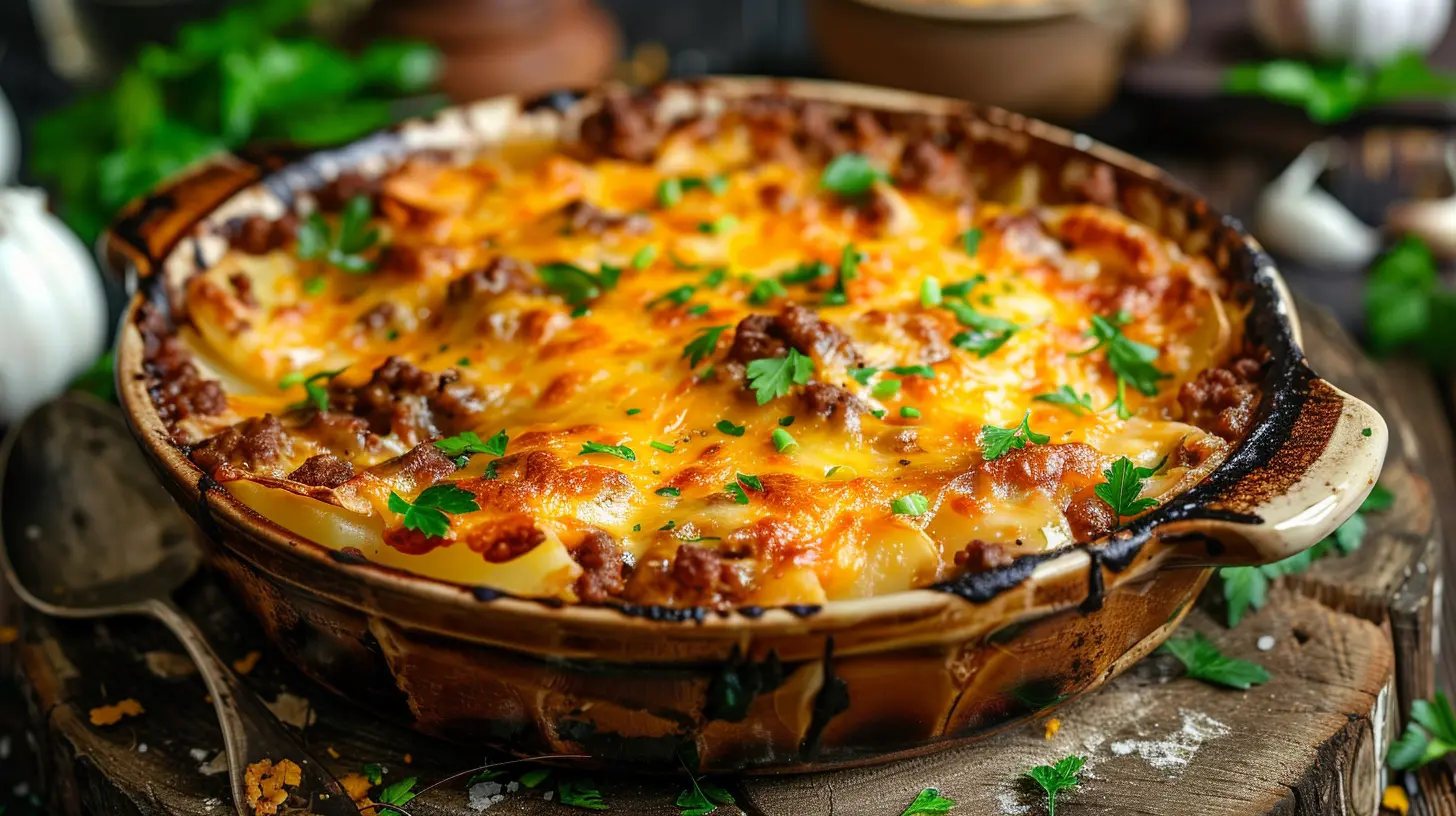 Cheesy ground beef and potato casserole fresh from the oven