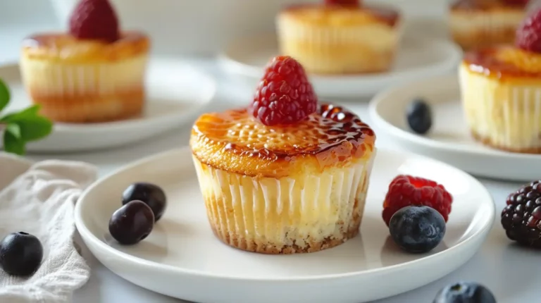 Vanilla bean crème brûlée cheesecake cupcake topped with raspberry and caramelized sugar