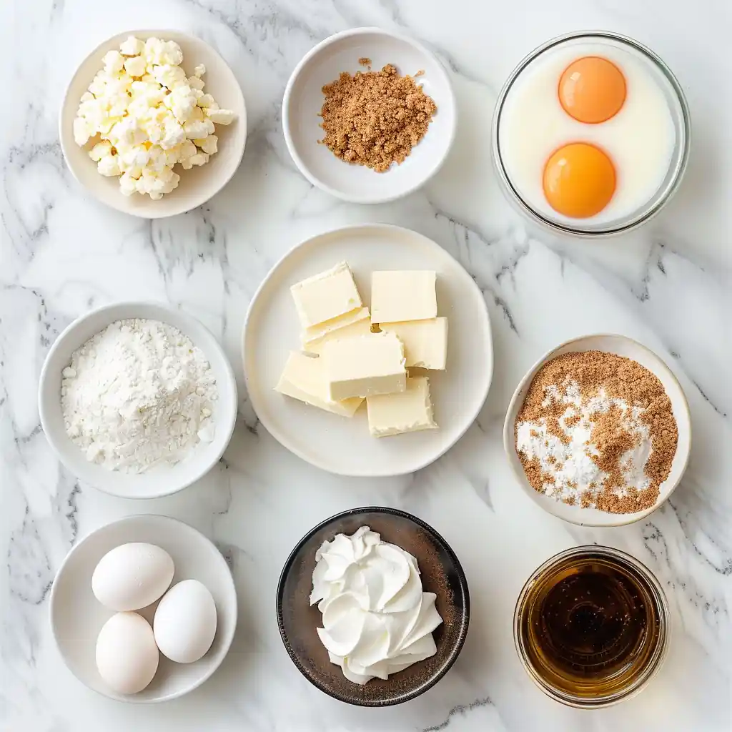 Ingredients for vanilla bean cr&egrave;me br&ucirc;l&eacute;e cheesecake cupcakes on marble surface