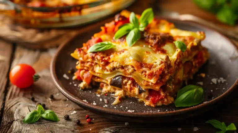 Veggie lasagna with golden cheesy layers