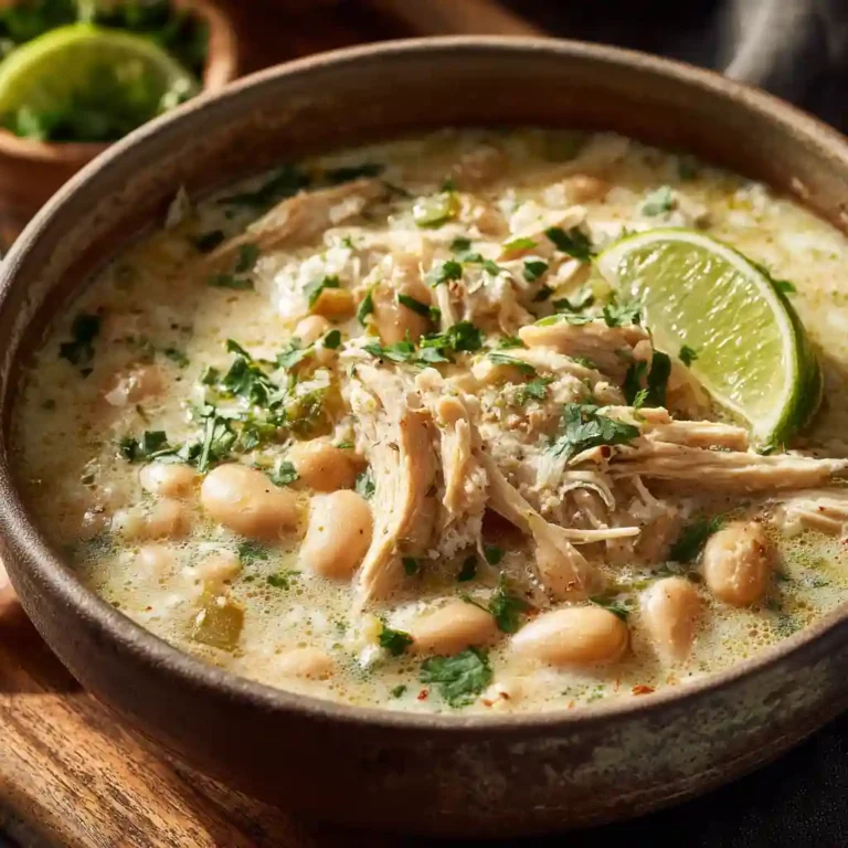White Chicken Chili Crock Pot dish served with shredded chicken and lime