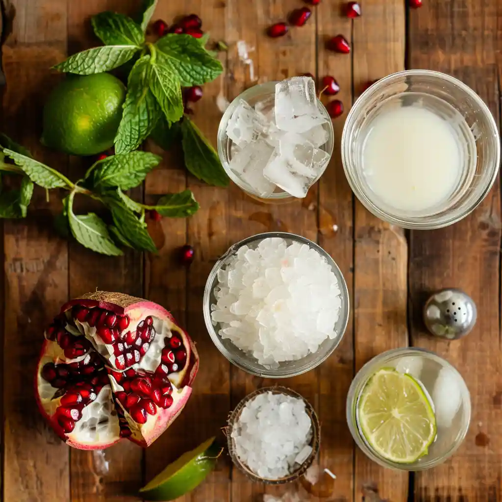 Top-down view of White Christmas Mojitos ingredients including lime, mint, pomegranate, and coconut milk