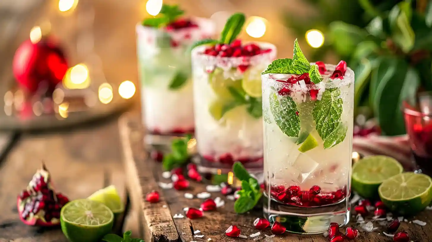 White Christmas Mojitos in glasses with lime, mint, and pomegranate