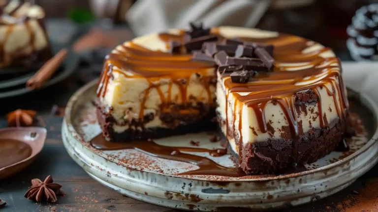 Caramel Brownie Cheesecake with caramel drizzle and brownie crust