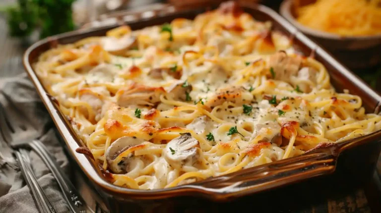 Chicken Tetrazzini casserole with mushrooms and creamy sauce