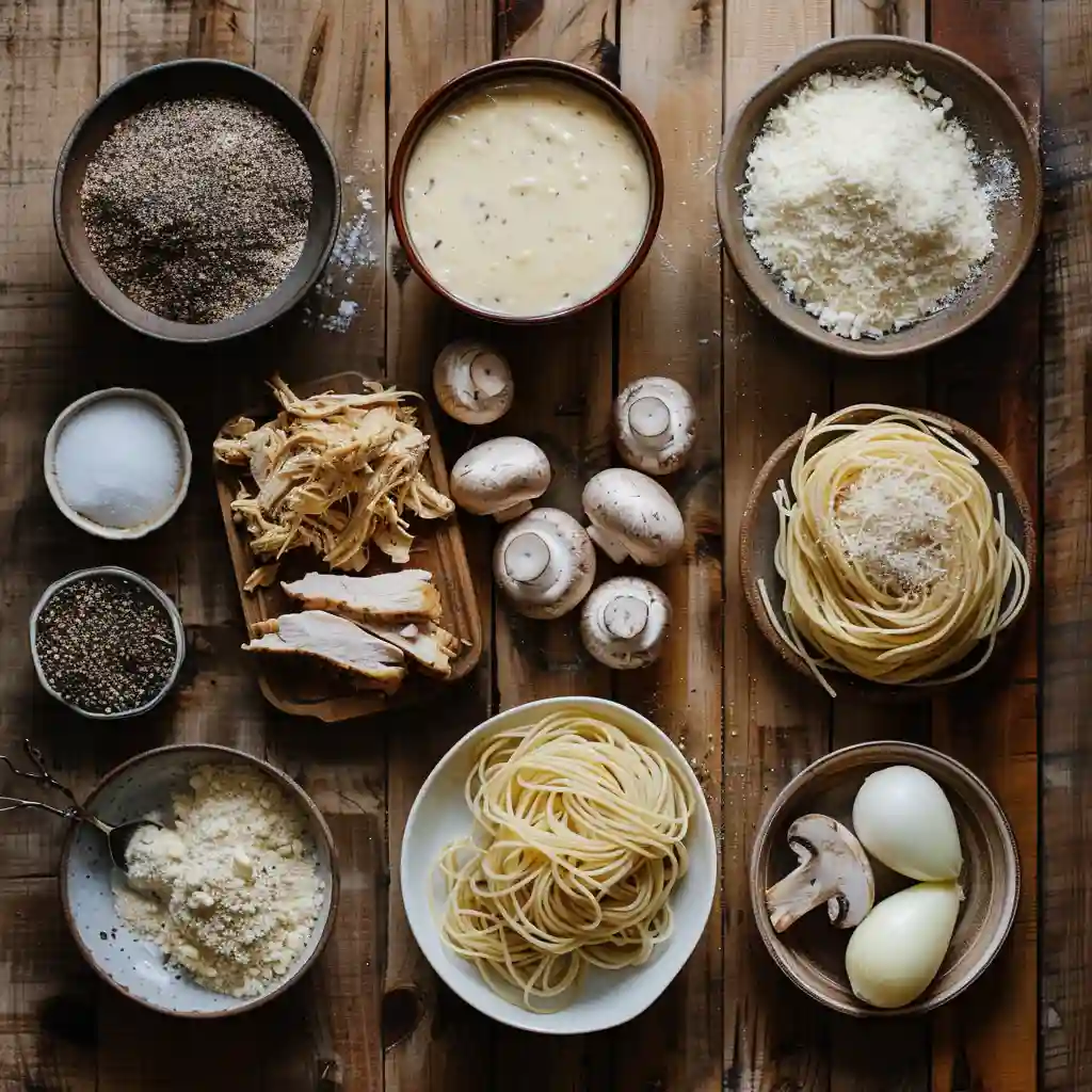 Ingredients for Chicken Tetrazzini including cooked chicken, mushrooms, and pasta
