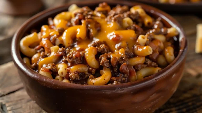 Chili Mac in a bowl with ground beef, elbow pasta, and cheddar cheese