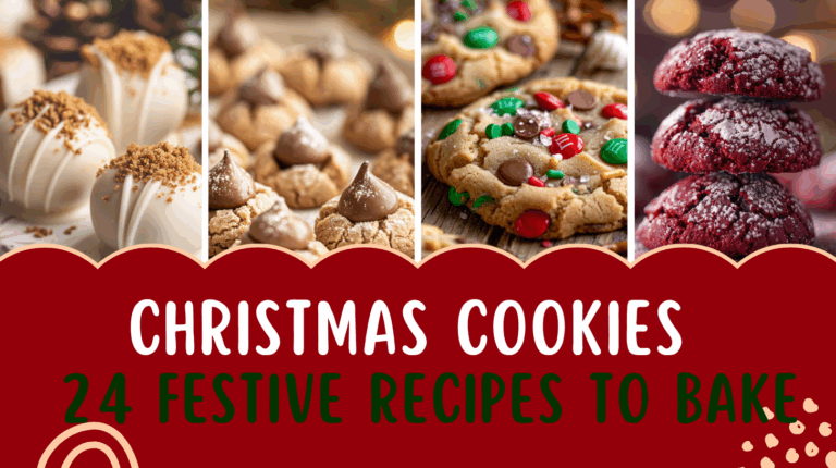 A collage of festive Christmas cookies, including red velvet crinkle cookies, M&M holiday cookies, powdered snowball cookies, white chocolate truffles, chocolate caramel cookies, and candy cane&ndash;shaped cookies. Bright holiday lights and ribbons create a cozy Christmas baking atmosphere.