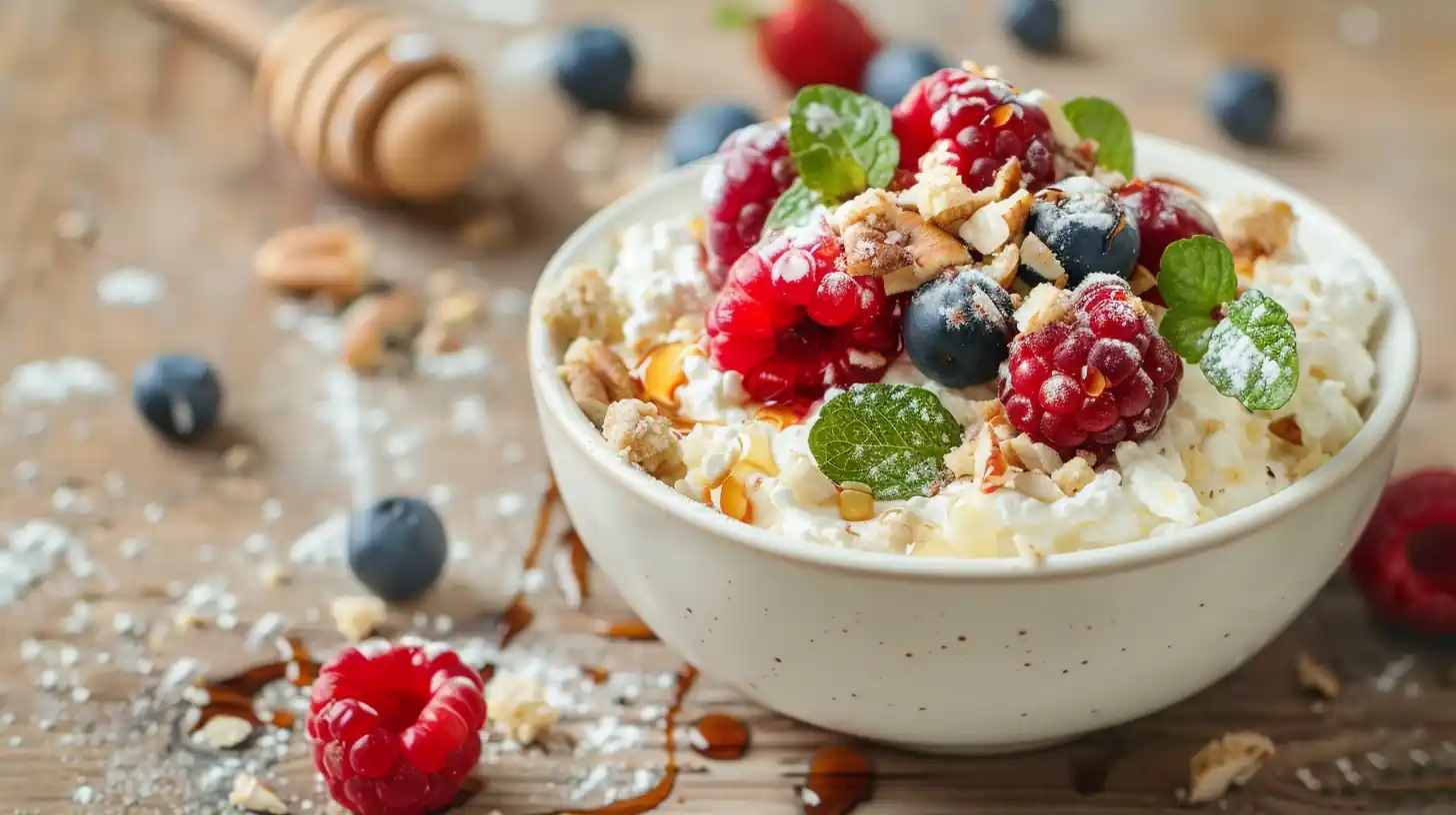 Cottage Cheese Dessert Bowl with berries, oats, and honey drizzle
