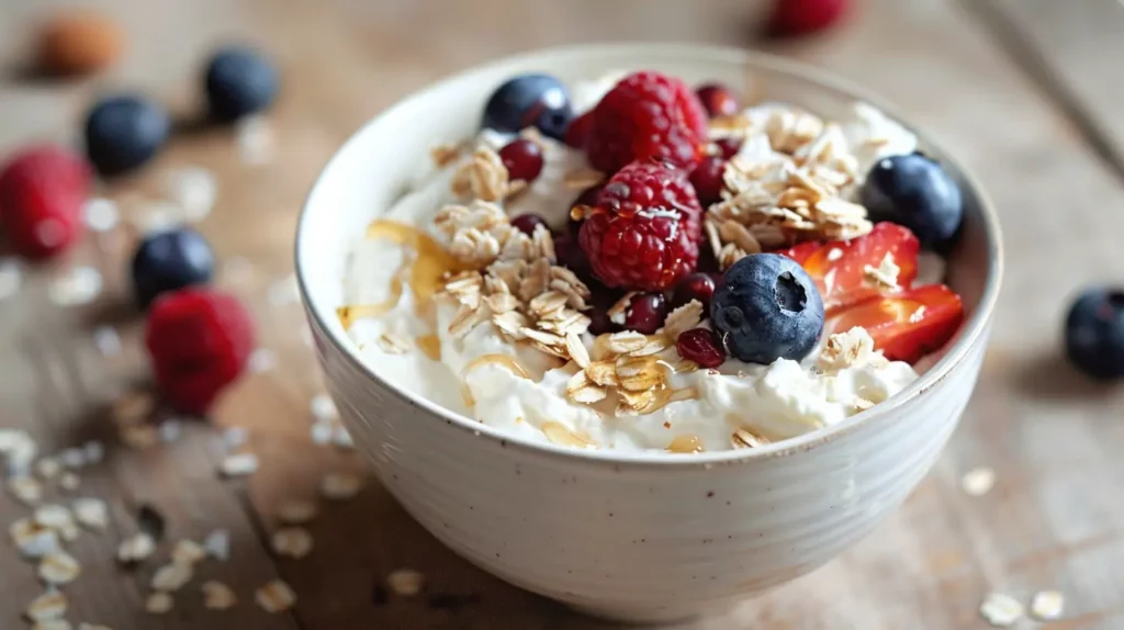 Cottage Cheese Dessert Bowl with granola, berries, and mint