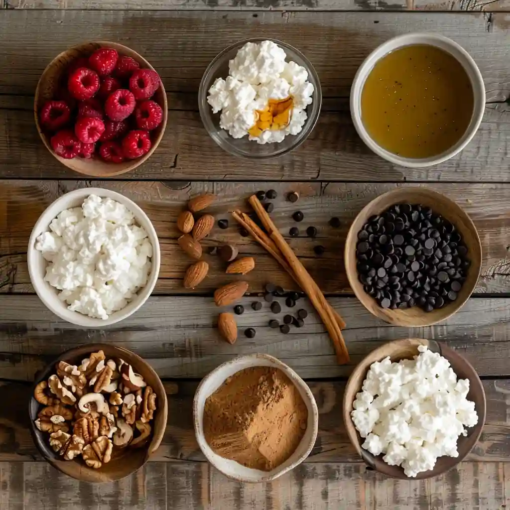 Ingredients for Cottage Cheese Dessert Bowl laid out on a wooden surface