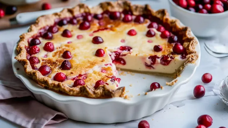 Cranberry Custard Pie with glossy baked cranberries