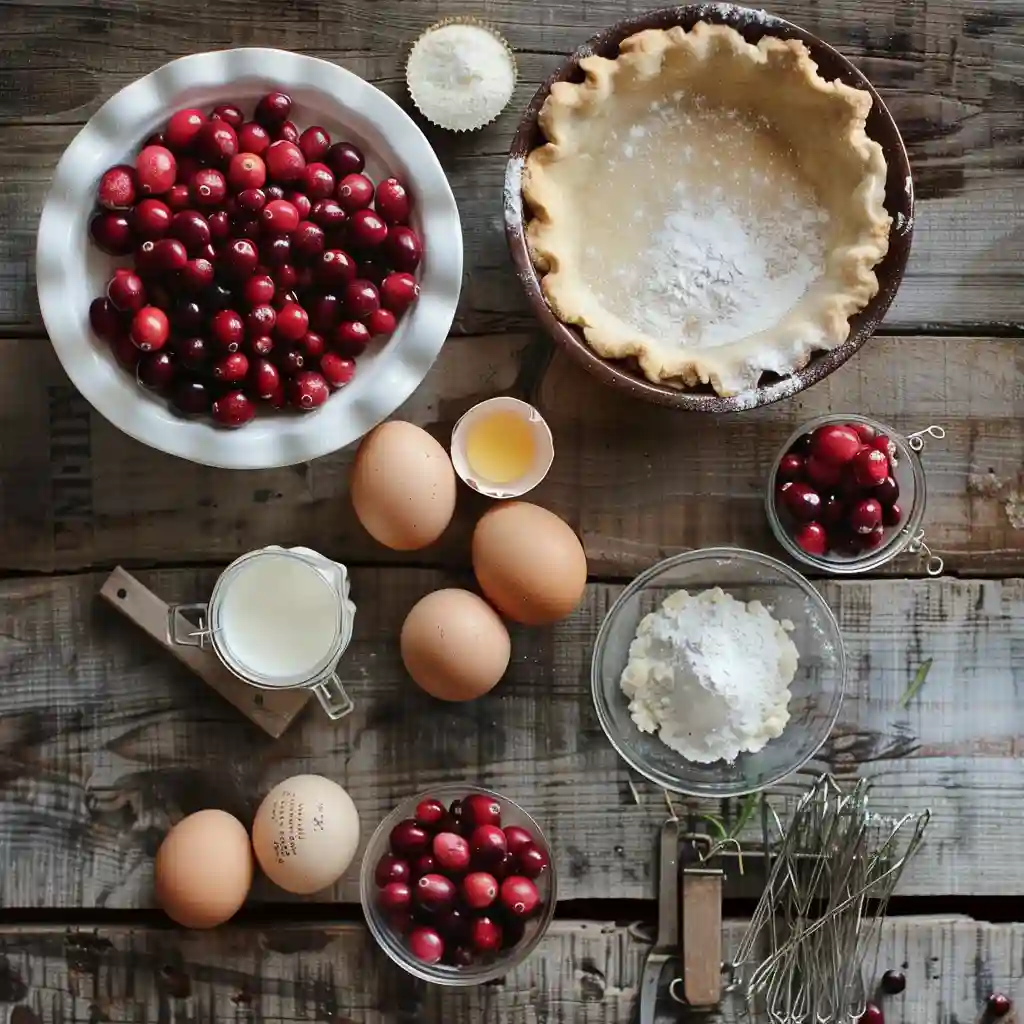 Ingredients for Cranberry Custard Pie on rustic wood